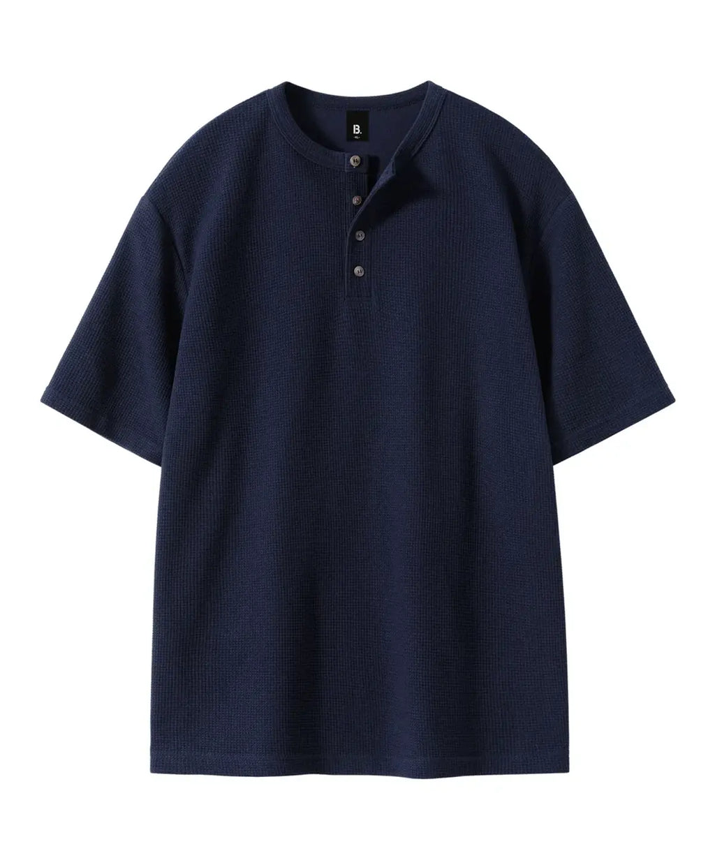 BRENSON Waffle Loose Fit Henley Neck Short Sleeve T-Shirt
