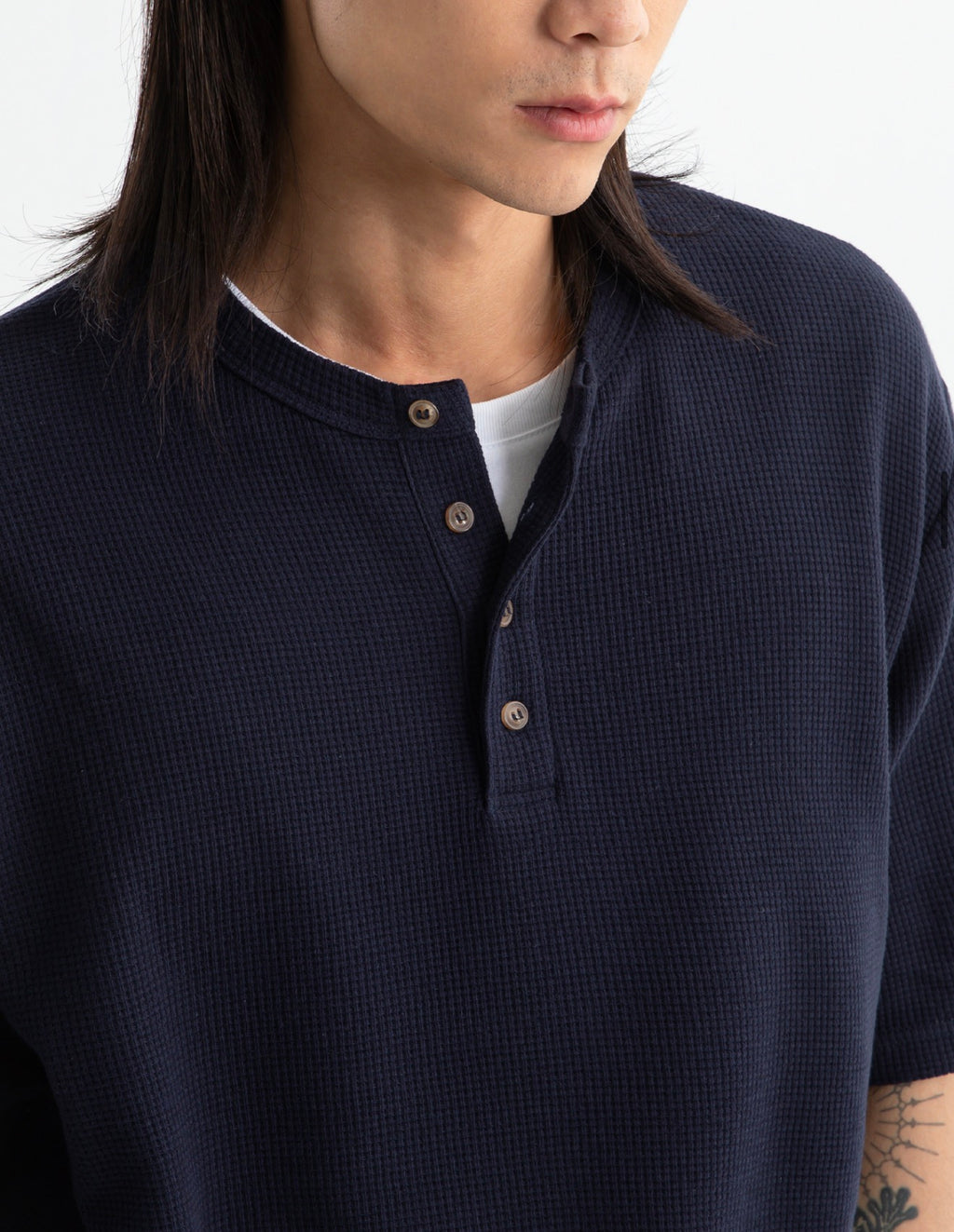 BRENSON Waffle Loose Fit Henley Neck Short Sleeve T-Shirt