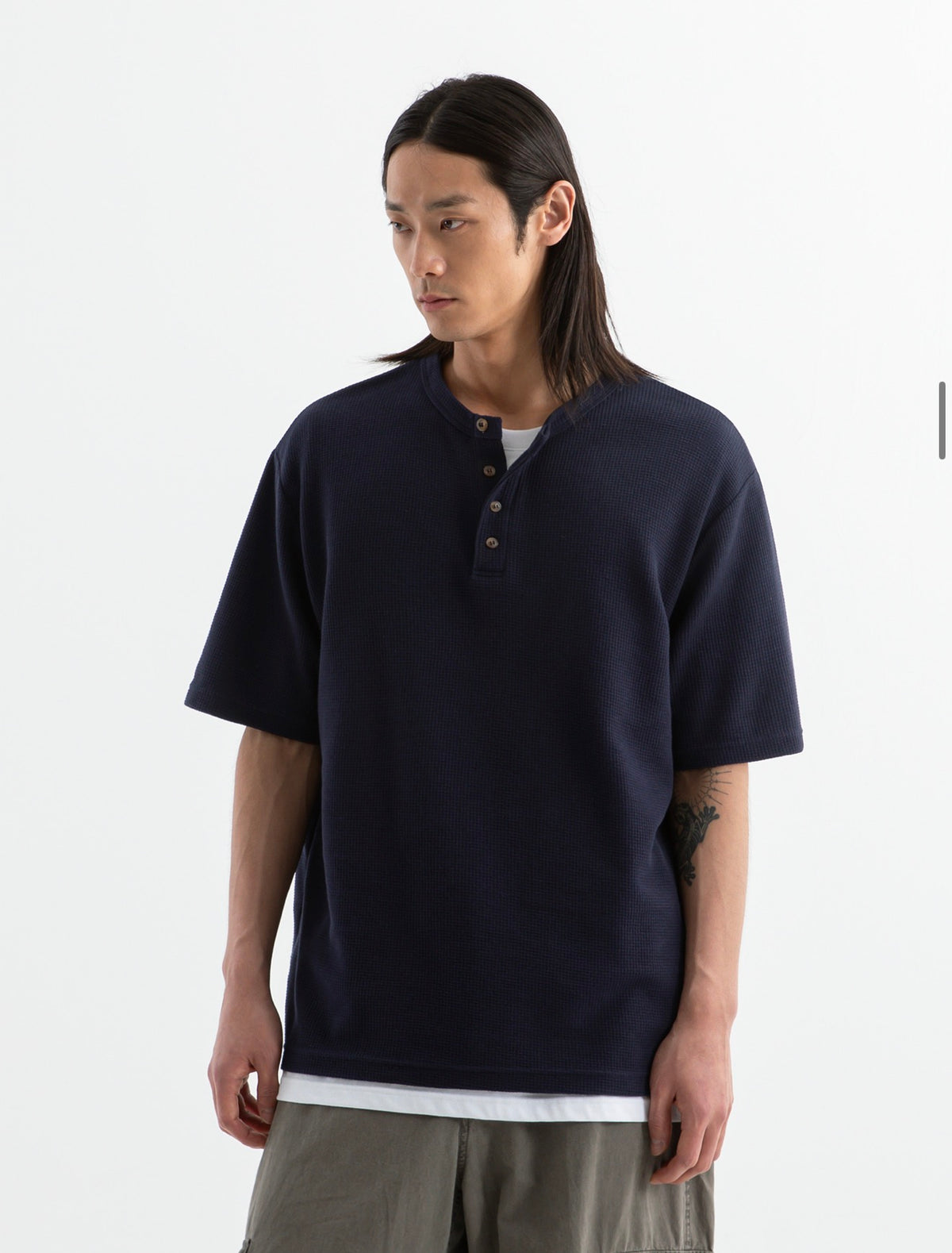 BRENSON Waffle Loose Fit Henley Neck Short Sleeve T-Shirt