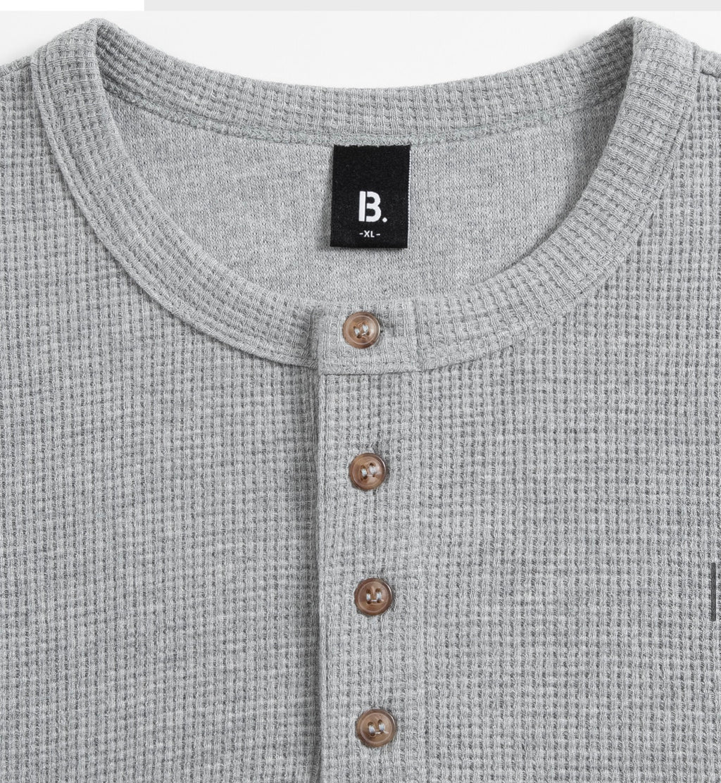 BRENSON Waffle Loose Fit Henley Neck Short Sleeve T-Shirt